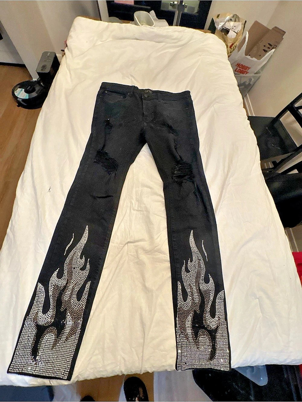 Black Flame Embellished Jeans Waist 36